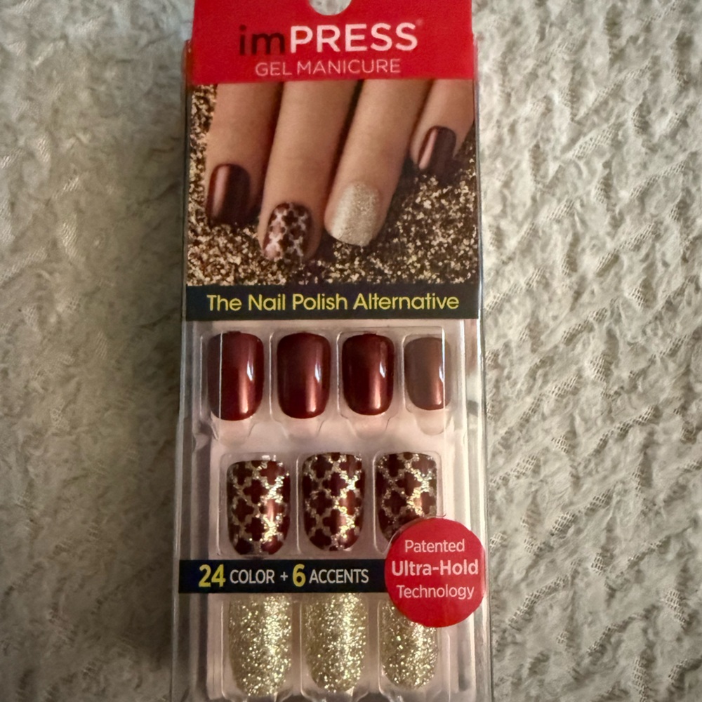 Impress press on nails Burgundy and Gold Glitter